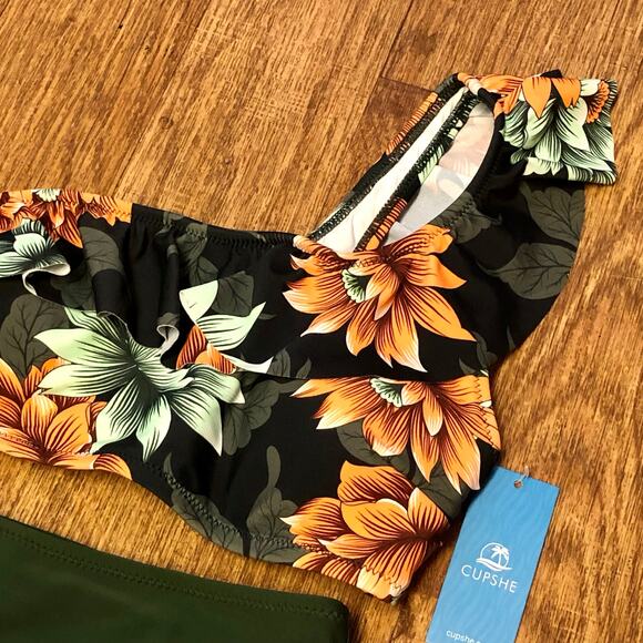 Cupshe Dark Green Floral One Shoulder Ruffle High Waisted Bikini Set Size Small - Picture 5 of 14